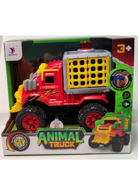 TRUCK MET DINO IN KOOI MET LICHT EN GELUID 17 CM ROOD