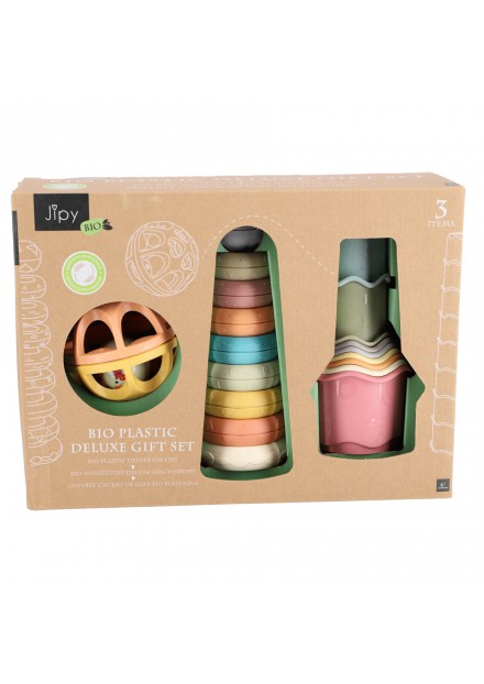 Jipy bioplastic Deluxe Giftset stapeltoren bad stapelbekertjes en speel ratelbal 3 delig Jipy bioplastic Deluxe Giftset stapeltoren bad stapelbekertjes en speel ratelbal 3 delig