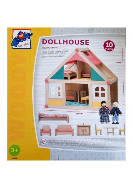 Woody Toys poppenhuis met poppen en meubeltjes