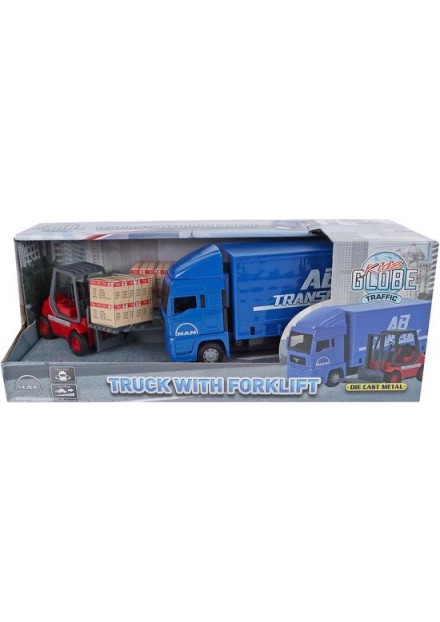 Kids Globe Man Vrachtwagen 17cm met vorkheftruck 10 cm