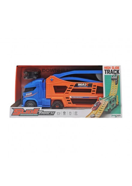 Transporter met lanceerbaan en 2 auto's Blauw