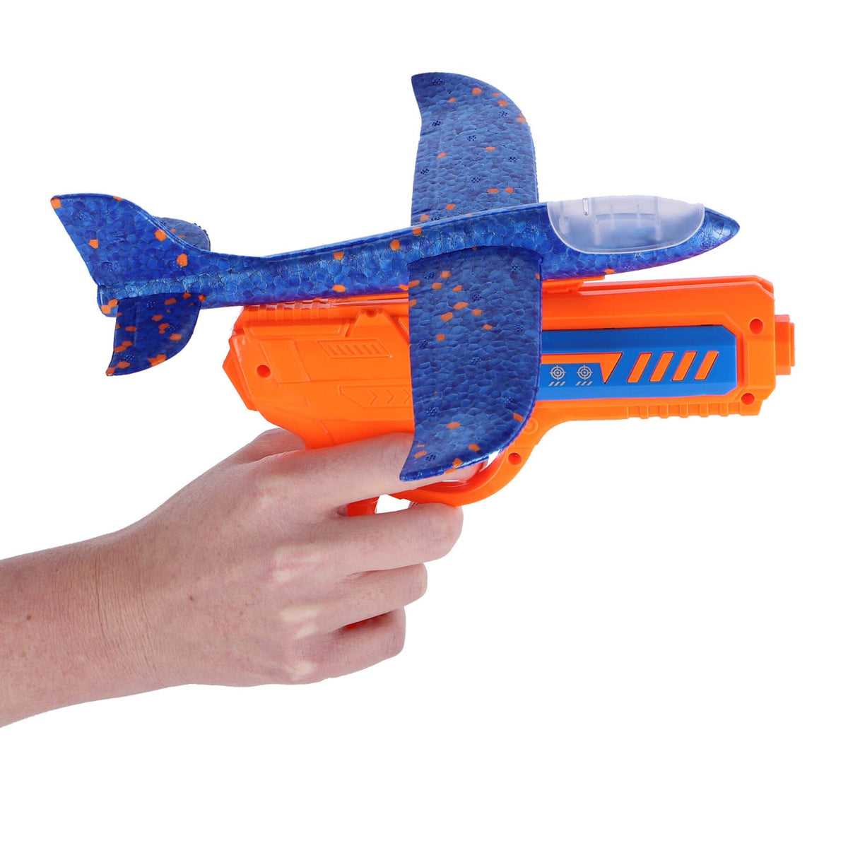 FOAM VLIEGTUIG MET AFSCHIETPISTOOL ORANJE / BLAUW