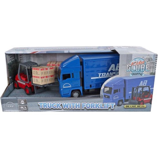 Kids Globe Man Vrachtwagen 17cm met vorkheftruck 10 cm