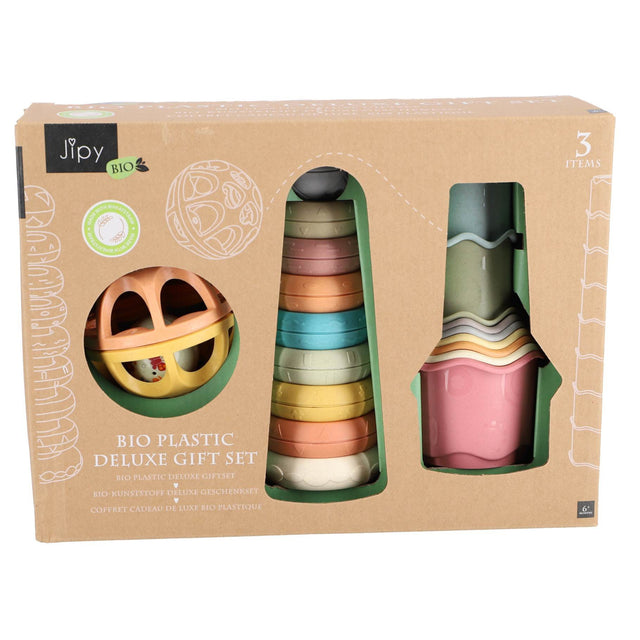 Jipy bioplastic Deluxe Giftset stapeltoren bad stapelbekertjes en speel ratelbal 3 delig