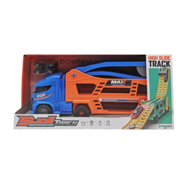 Transporter met lanceerbaan en 2 auto's Blauw