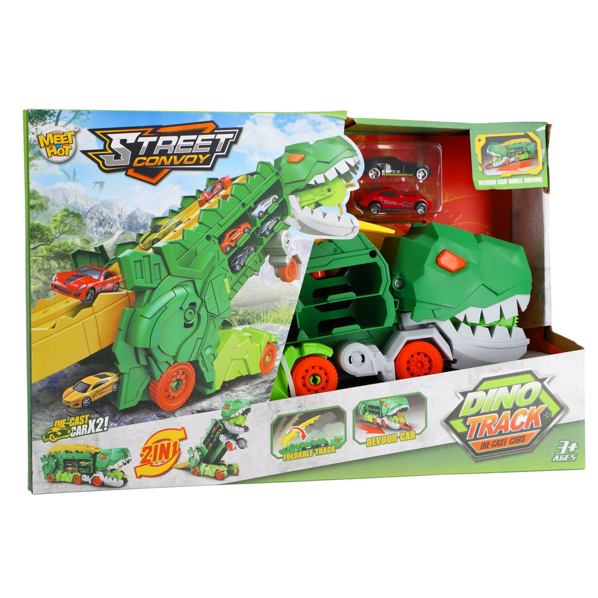 Transporter carrycase dino met 2 diecast auto's Groen