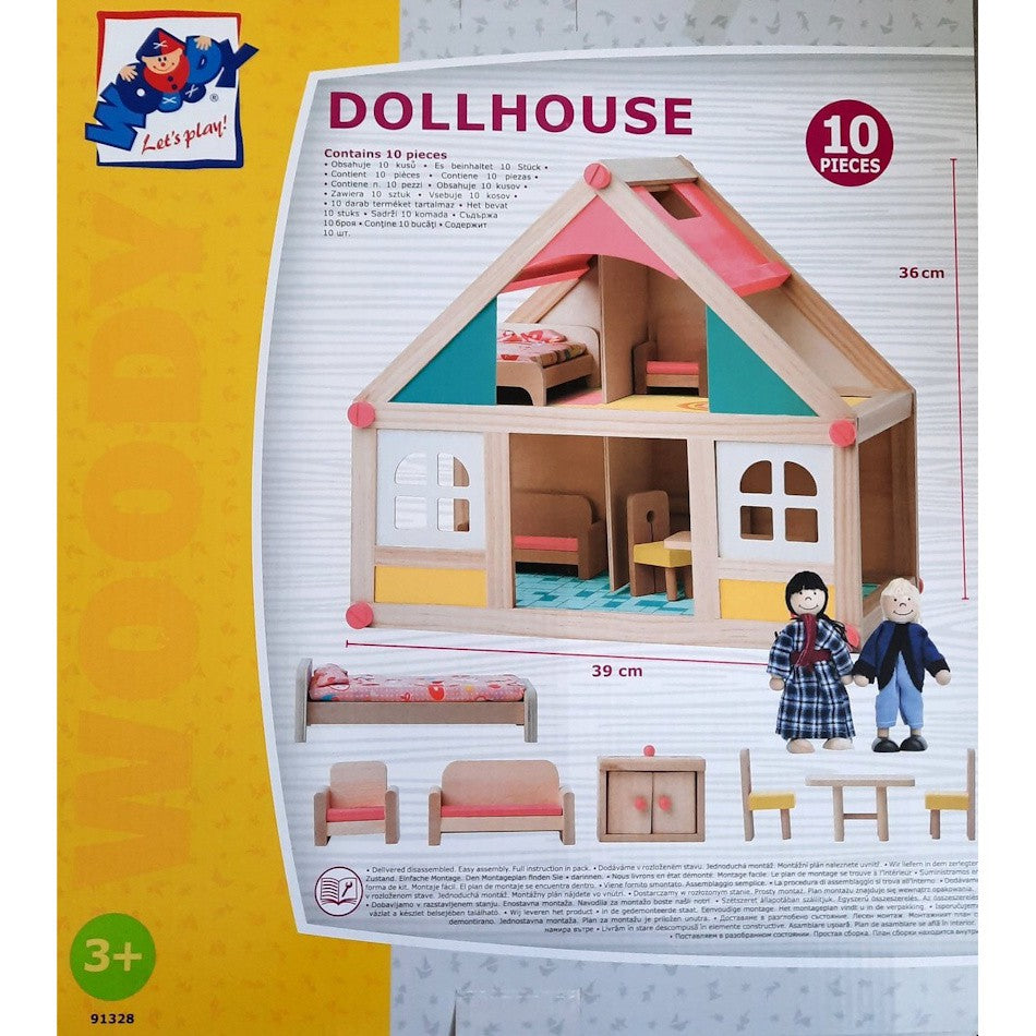 Woody Toys poppenhuis met poppen en meubeltjes
